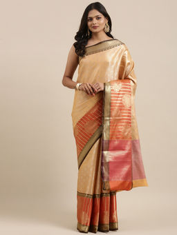 Banarasi Silk Works - Beige Zari Kanchi Silk Pattu Border Saree with Unstitched Blouse