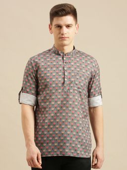 Sanwara - Men Blue Printed Cotton Rolled Up Sleeves Short Kurta
