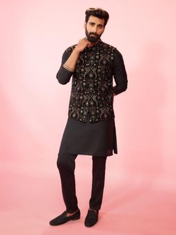 Vastramay - Black Embroidered Mandarin Neck Jacket Kurta With Pyjama