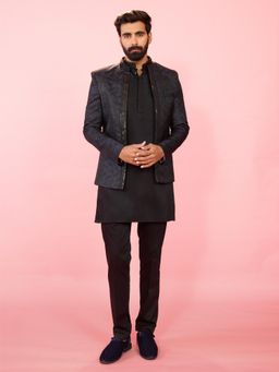 Vastramay - Black Embroidered Mandarin Neck Jacket Kurta With Pyjama