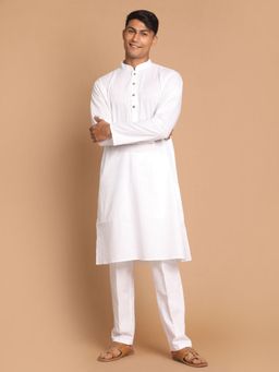 Vastramay - White Solid/Plain Mandarin Neck Kurta With Pyjama