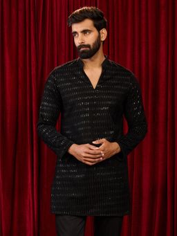 Vastramay - Black Embroidered Mandarin Neck Kurta