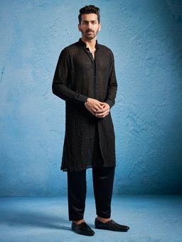 Vastramay - Black Embroidered Mandarin Neck Kurta