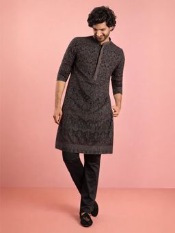 Vastramay - Black Embroidered Mandarin Neck Kurta With Pyjama