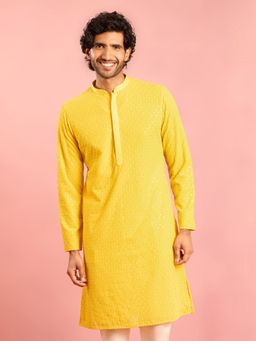 Vastramay - Yellow Embroidered Mandarin Neck Kurta