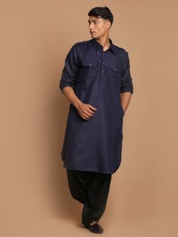 Vastramay - Blue Solid/Plain Collar Neck Pathani Kurta With Patiala