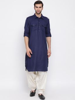 Vastramay - Blue Solid/Plain Collar Neck Pathani Kurta With Patiala