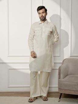 Vastramay - Cream Solid/Plain Collar Neck Pathani Kurta With Pyjama