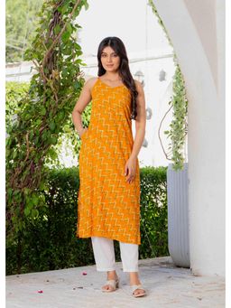 Meeranshi - Yellow Printed Shoulder Straps Rayon Straight Kurta