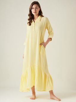 The Kaftan Company - Yellow Cotton Shirt Style Lounge Dress