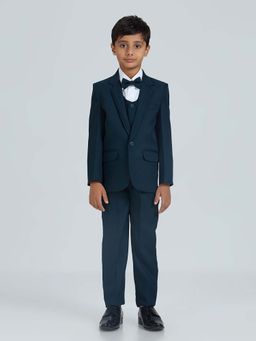 Kids Island - Teal Solid Shirt with Waistcoat, Blazer, Bow-Tie and Pant (Set of 5)