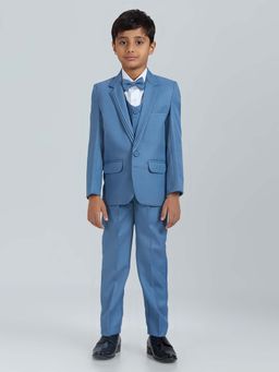 Kids Island - Blue Solid Shirt with Waistcoat, Blazer, Bow-Tie and Pant (Set of 5)