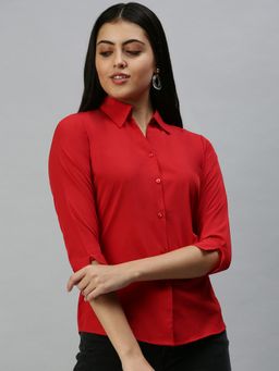 SHOWOFFFF - Women Slim Fit Regular Sleeves Red Solid Shirt