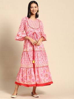 Rangmayee - Womens Pink & Yellow Floral Print A-Line Midi Dress