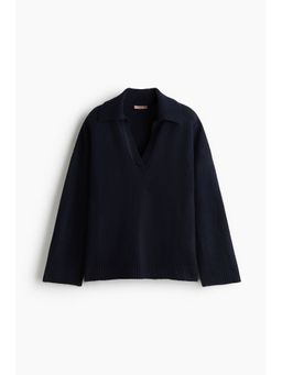 H&M - Women Navy Blue Fine-Knit Collared Jumper