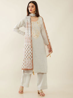 Soch - Grey Machine Embroidery Linen Unstitched Dress Material - 3 Meter Kurta Fabric