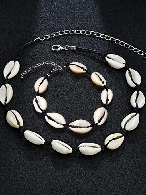 OOMPH White & Black Sea Shell Bohemian Beachwear Fashion Choker Necklace & Anklet