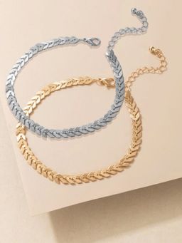 OOMPH - Combo of 2 Silver & Gold Tone Delicate Leaf Chain Fashion Anklet
