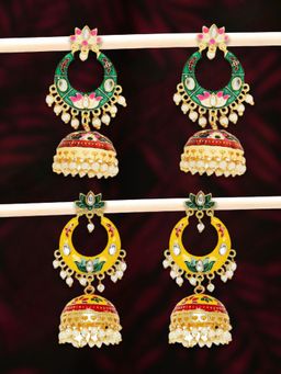 OOMPH - Combo of 2 Green & Yellow Meenakari Enamel Ethnic Chandbali Jhumka Earrings