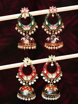OOMPH - Combo of 2 Red & Green Meenakari Enamel Floral Ethnic Chandbali Jhumka Earrings
