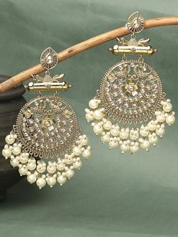 OOMPH - Gold Tone Kundan & Pearls Peacock Design Ethnic Large Drop Earrings