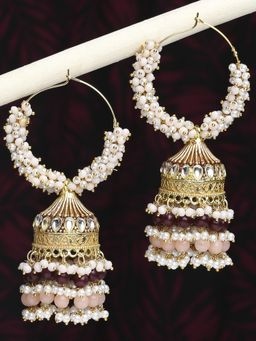 OOMPH - Peach & Maroon Meenakari Kundan & Pearls Ethnic Bali Drop Earrings