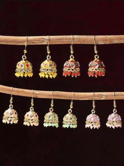 OOMPH - Combo of 5 Green & Pink Kundan & Beads Meenakari Small Jhumka Earrings
