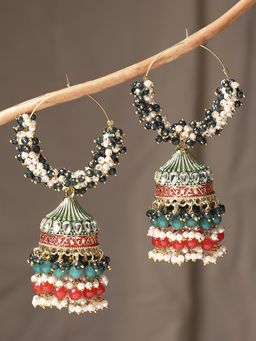 OOMPH - Green & Red Meenakari & Kundan & Pearls Ethnic Bali Drop Earrings