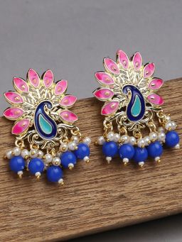 OOMPH - Pink & Blue Meenakari Kundan & Beads Peacock Design Ethnic Drop Earrings