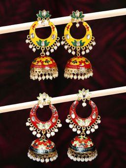 OOMPH - Combo of 2 Yellow & Red Meenakari Kundan & Pearls Chandbali Jhumka Earrings