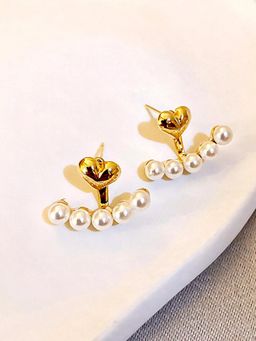 OOMPH - Gold Tone White Pearls Small Heart Ear Jacket Fashion Ear Stud Earrings