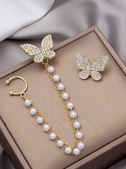 OOMPH - Gold Tone Butterfly Crystal & Pearl Chain Fashion Ear Cuff Earrings