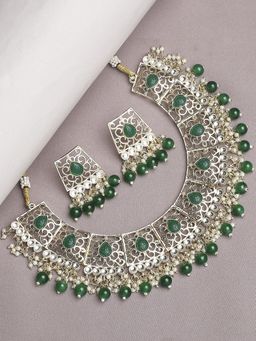 OOMPH - Green Engraved Jaipur Stones & Kundan Choker Necklace Set with Drop Earrings