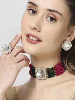 OOMPH - Green & Pink Beads & Kundan Choker Necklace Set with Large Stud Earrings & Ring