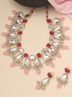 OOMPH - Pink & Red Beads & Kundan Ethnic Choker Necklace Set with Drop Earrings
