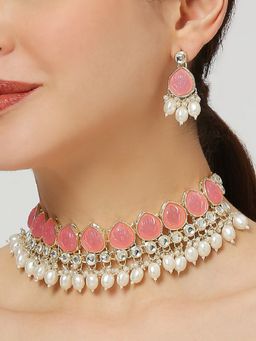 OOMPH - Pink Engraved Jaipur Stones & Pearls Choker Necklace Set with Drop Earrings
