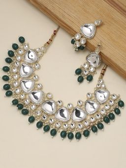 OOMPH - Green Beads & Kundan Wedding Bridal Choker Necklace Set with Drop Earrings