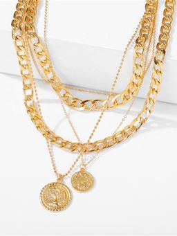OOMPH - Gold tone Multi Layer Multi Strand Coin Charm Link Chain Necklace