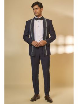 Abees - Navy Blue Embroidered Blazer Shirt with Trouser and Bow