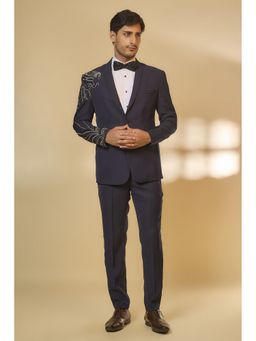 Abees - Animal Cutdana Handwork Blue Blazer Shirt with Trouser and Bow