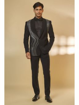 Abees - Abstract Moving Cutdana Handwork Black Blazer Shirt with Trouser and Bow