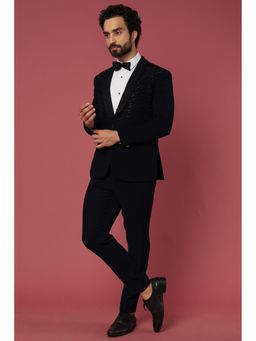 Abees - Hand Work Navy Blue Tuxedo Shirt with Trouser and Bow