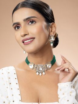 Niscka - Kundan, Pearl and White Stone Studded Green Choker Necklace and Earring Set