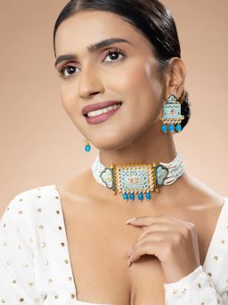 Niscka - 24K Gold Plated Blue Meenakari Kundan Jadau Choker Necklace Set with Earrings