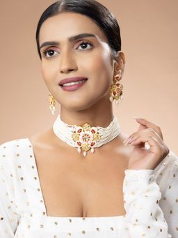 Niscka - Matte Gold White Floral Meenakari Necklace Set with Pearls