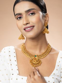 Niscka - 24K Gold Plated Floral Ruby and Emerald Necklace Set with Jhumka