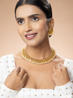 Niscka - 24K Gold Plated Floral Design with Pearl Necklace and Earrings Set