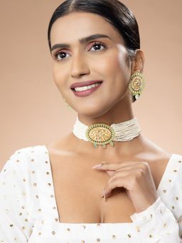 Niscka - Matte Gold Green Stone, Pearls and Kundan Necklace Set with Earrings