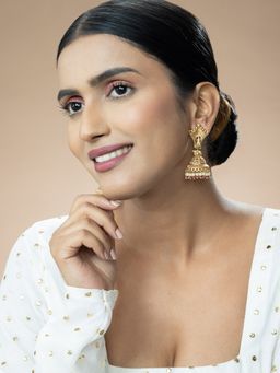 Niscka - Antique Gold Plated Peacock Design Earrings Set with Pink Stones and Pearls