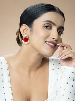 Niscka - Matte Gold Plated, Red Stone and Pearl Earrings